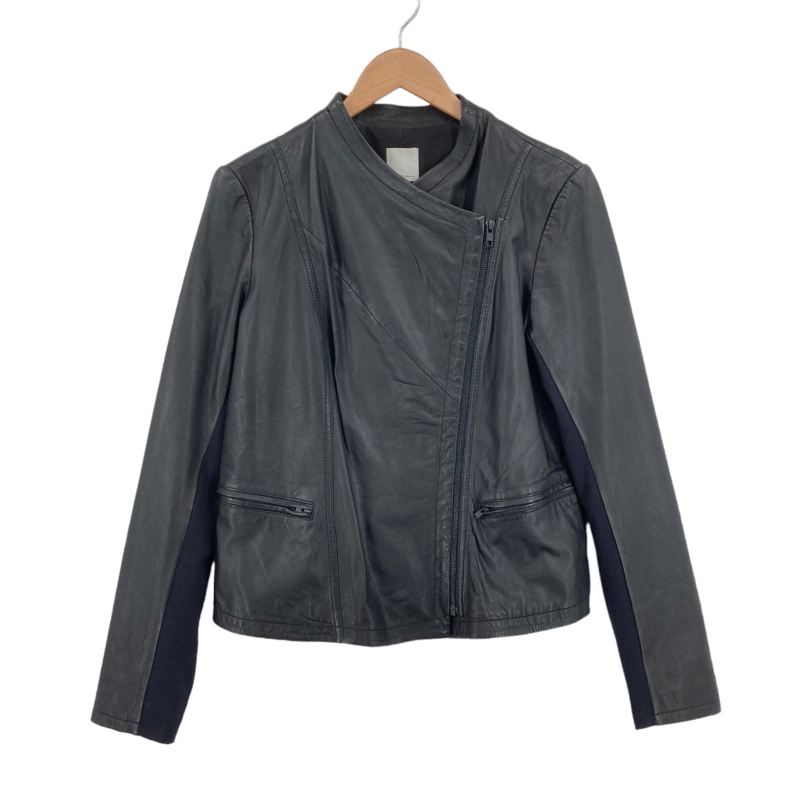 Halogen Women's Black 100% Leather Long Sleeve Diagonal Zipper Jacket Size Large